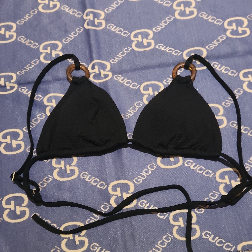 BOTEN Black Bikini Top with Wooden Accents M